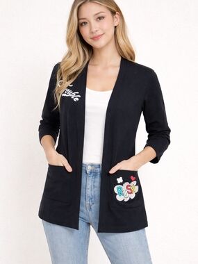 Black Embroidered Pocket Open Cardigan